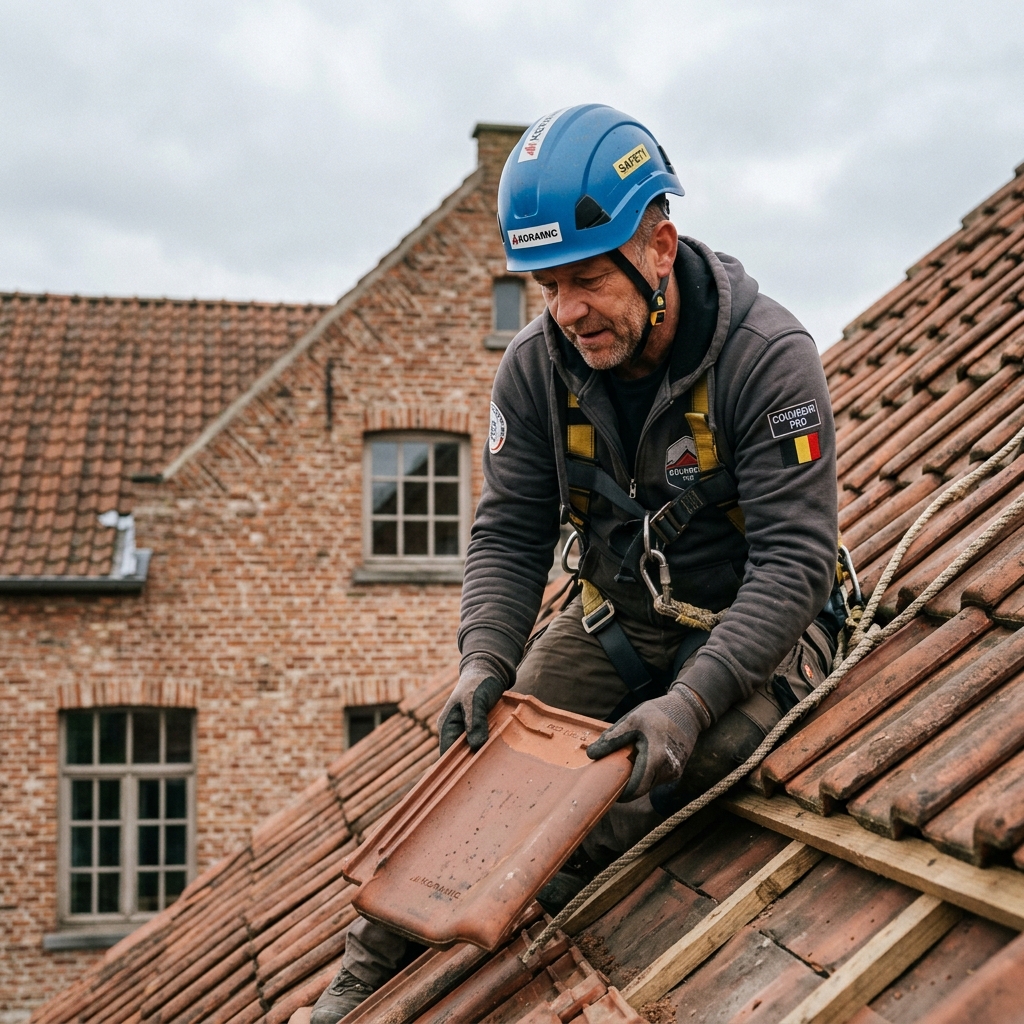 Couvreur professionnel en train de rénover une toiture en Hainaut